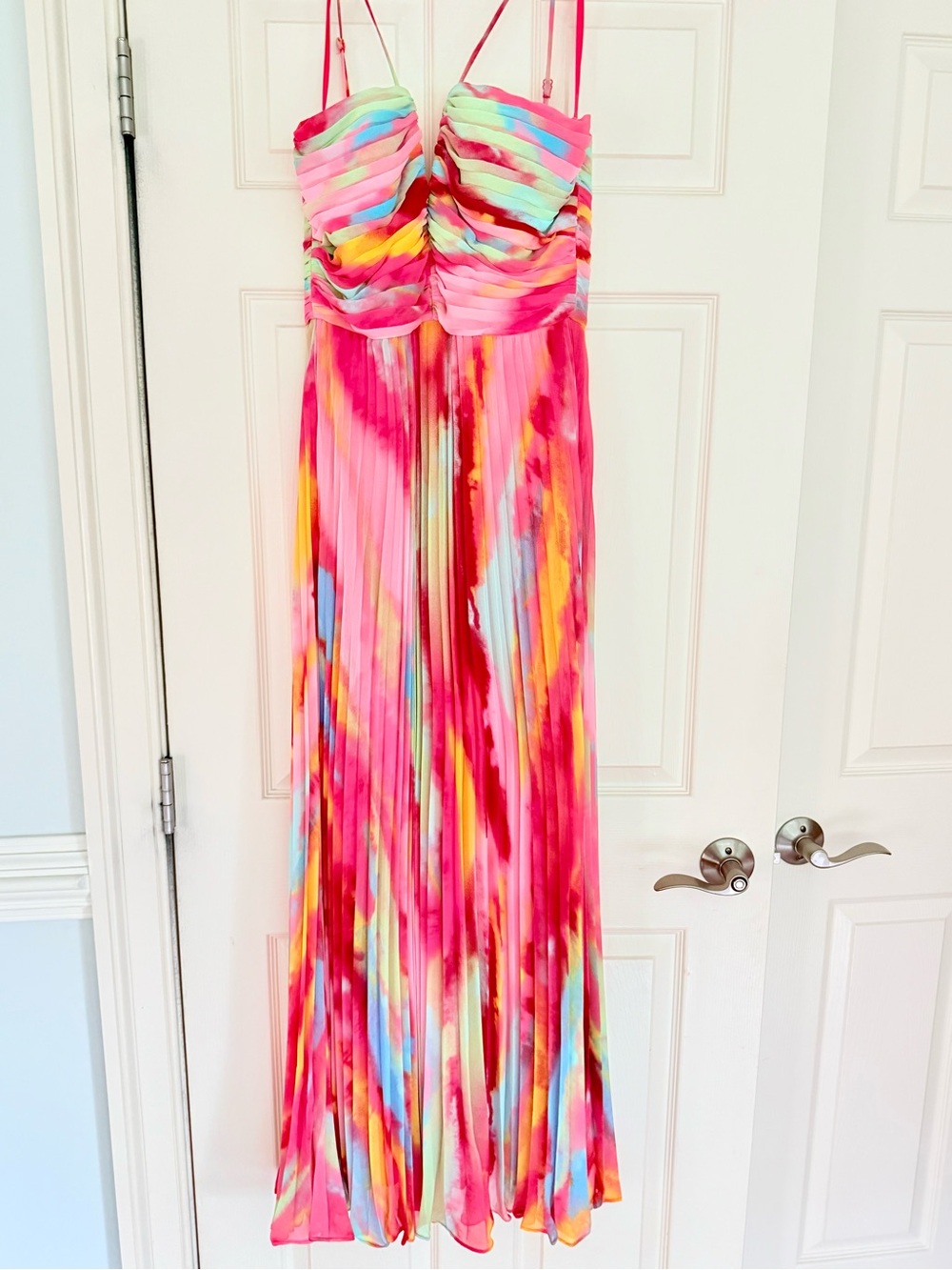 Aqua xscape Vibrant Pink Multi-Color pleated spaghetti strap maxi Dress